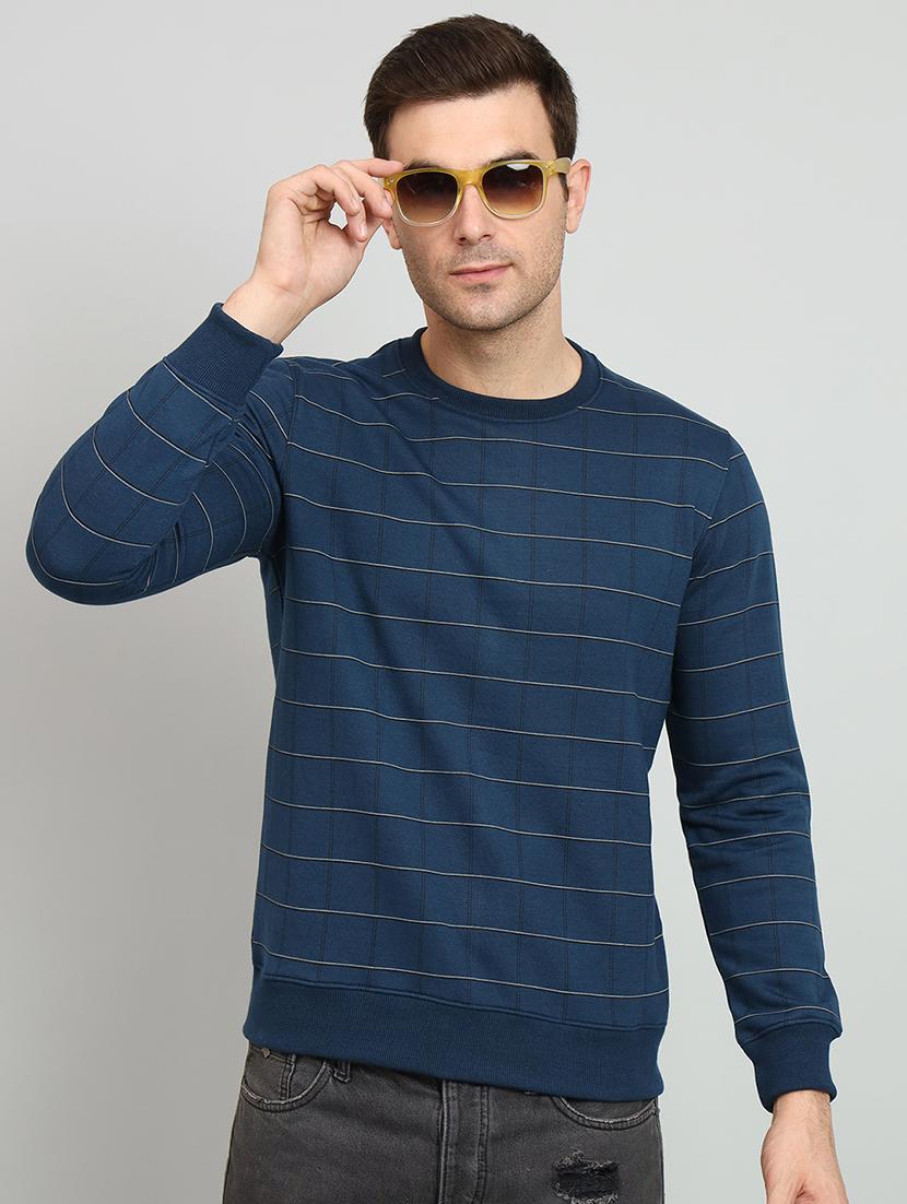 men navy blue checkered fleece all over print sweatshirt - 20377776 -  Zoom Image - 0