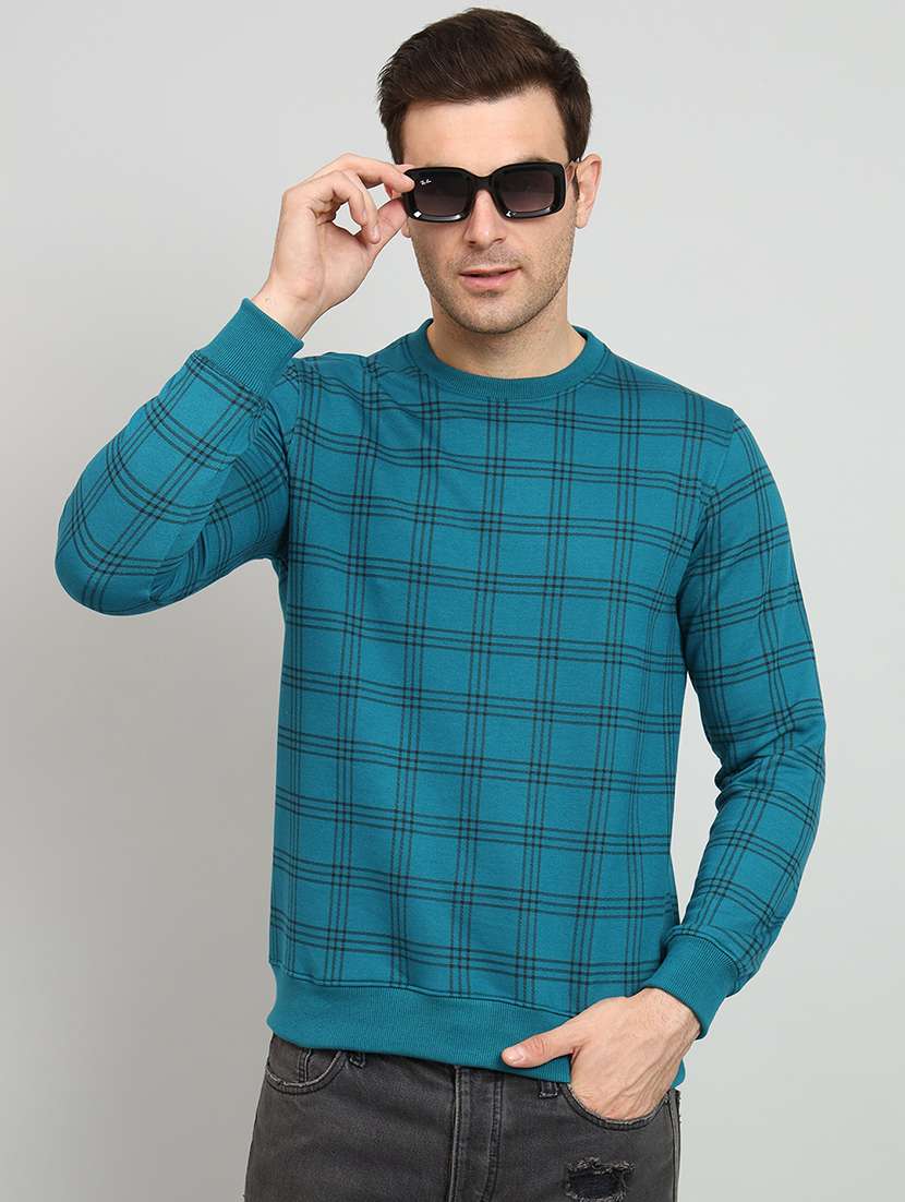 men blue checkered fleece all over print sweatshirt