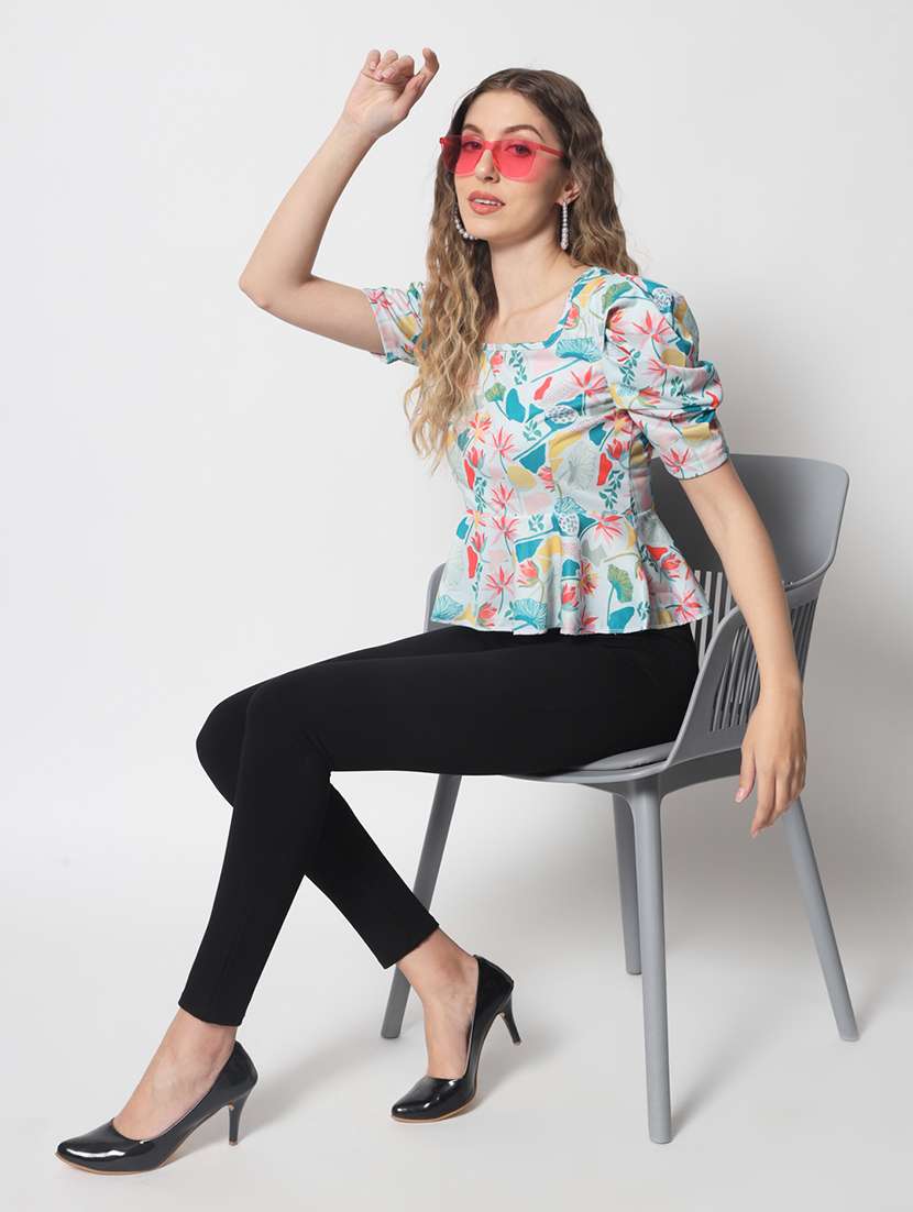 light blue quirky print puff sleeves peplum top - 20381531 -  Standard Image - 3
