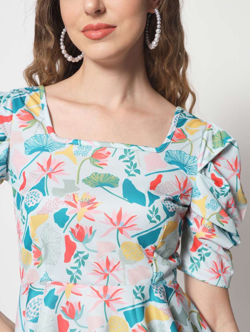 light blue quirky print puff sleeves peplum top - 20381531 -  Standard Image - 5