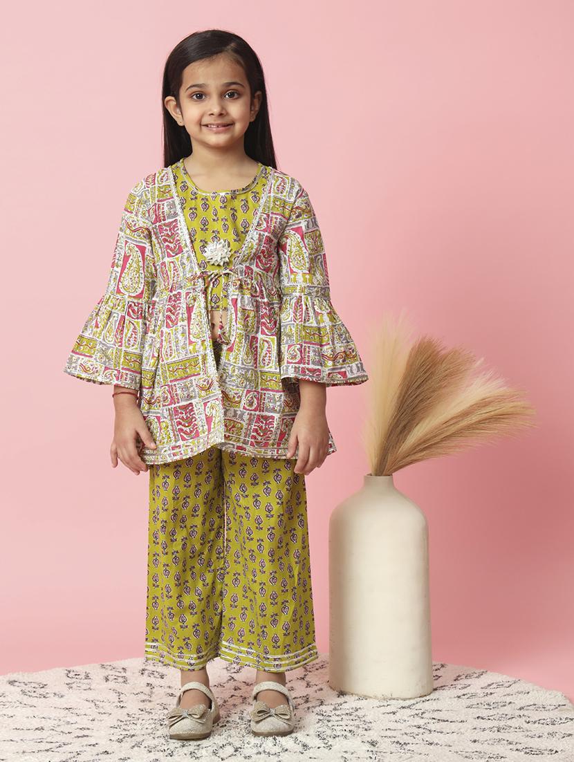 olive printed top pant with shrug set - 20381541 - Zoom Image - 0