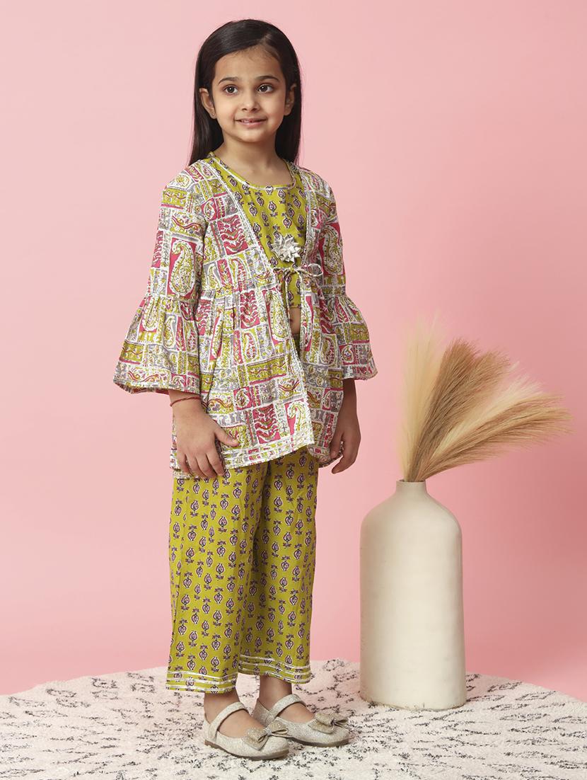 olive printed top pant with shrug set - 20381541 - Standard Image - 3