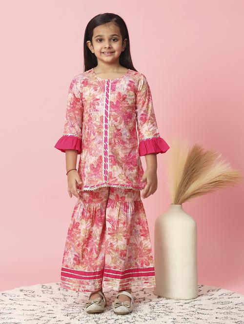 girl pink floral print with gota work sharara set - 20381557 - Standard Image - 0
