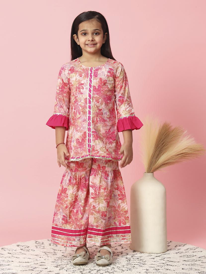 girl pink floral print with gota work sharara set - 20381557 - Zoom Image - 0