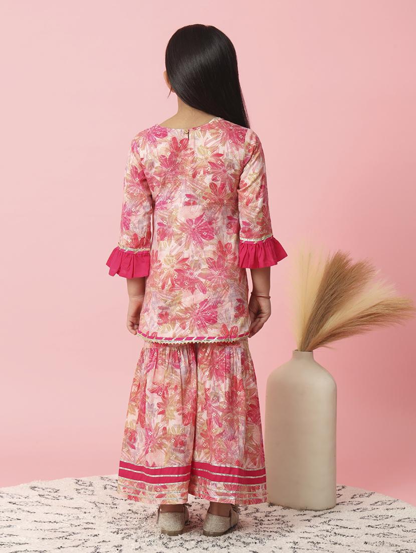 girl pink floral print with gota work sharara set - 20381557 - Standard Image - 3