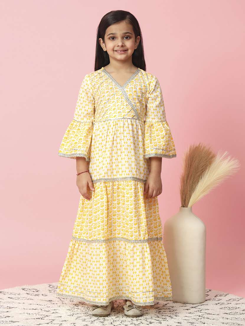 girls yellow v-neck florals party gown