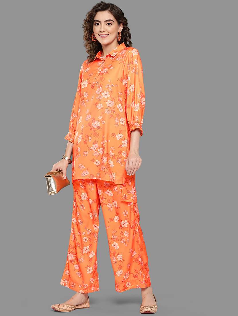 women orange shirt collar kurta palazzo set - 20381662 -  Standard Image - 3