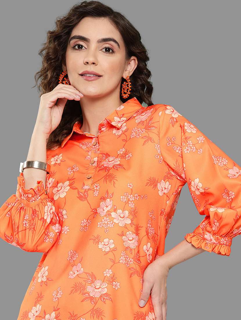 women orange shirt collar kurta palazzo set - 20381662 -  Standard Image - 5