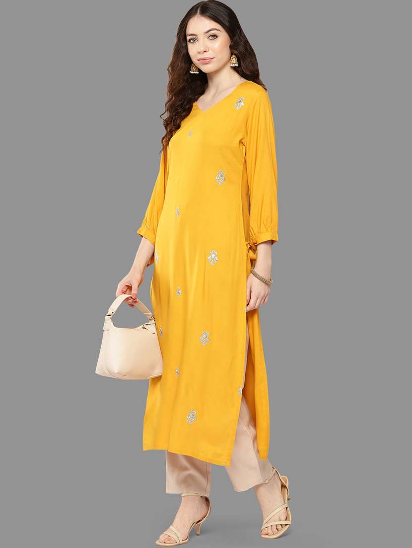 mustard solid with work straight kurta - 20381690 -  Standard Image - 3