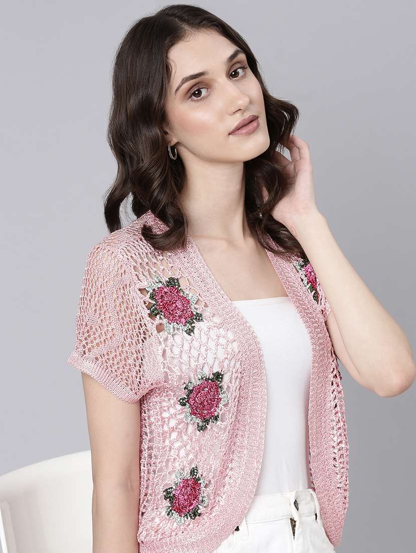 women pink self design regular shrug - 20381730 -  Standard Image - 3