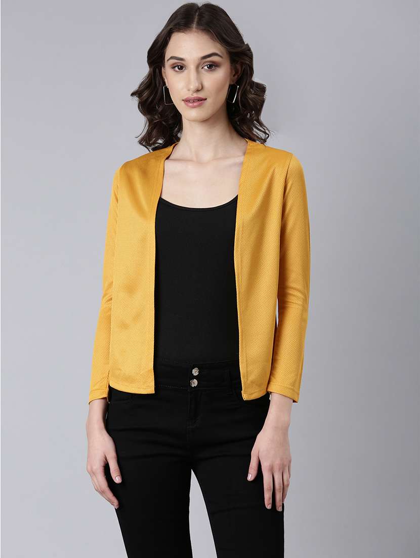  women's self design long sleeves regular straight open front mustard shrug