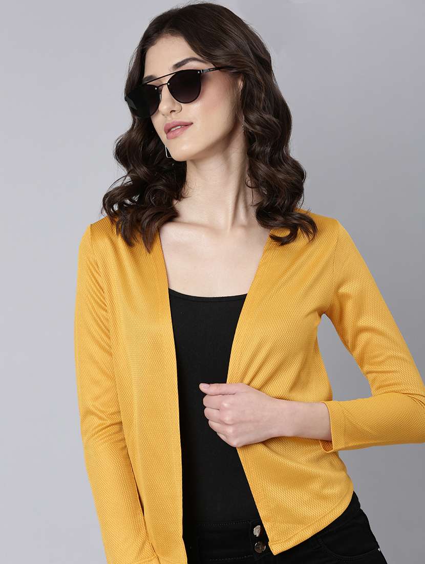  women's self design long sleeves regular straight open front mustard shrug - 20381736 -  Standard Image - 3