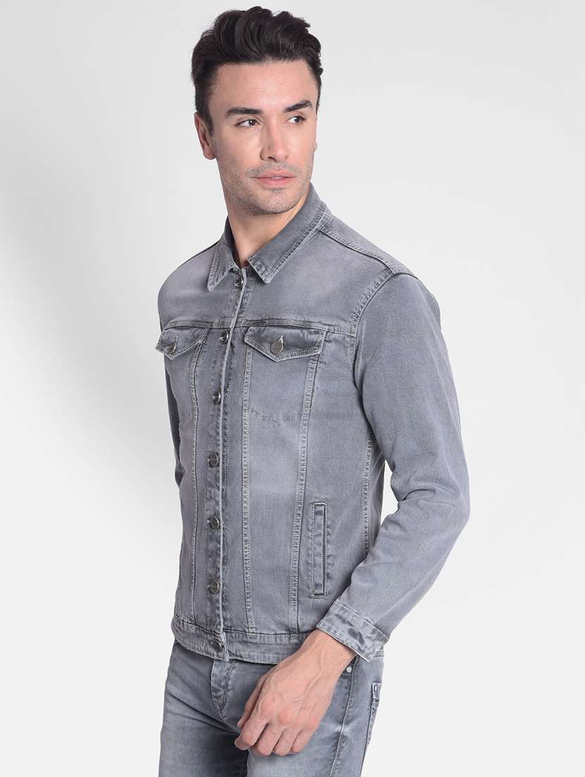 men grey cotton blend washed casual jacket