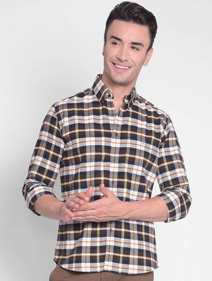 men brown tartan checkered cotton casual shirt