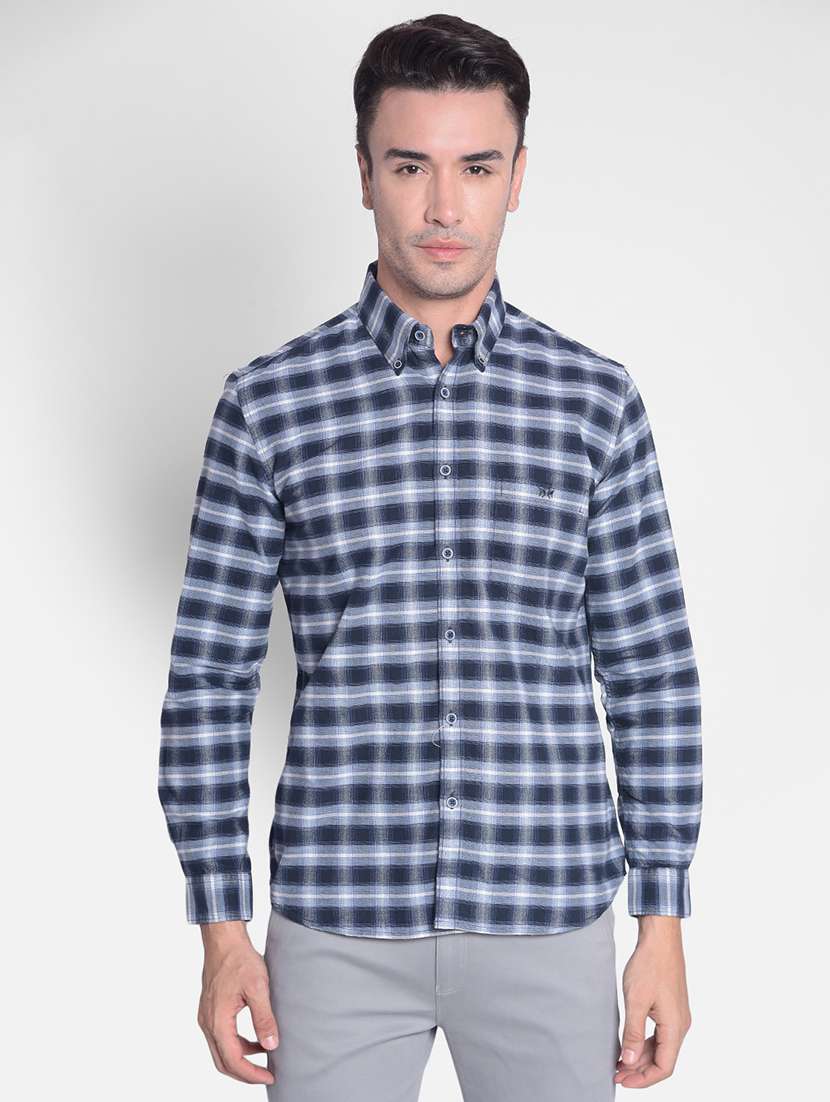 men navy blue tartan checkered cotton casual shirt