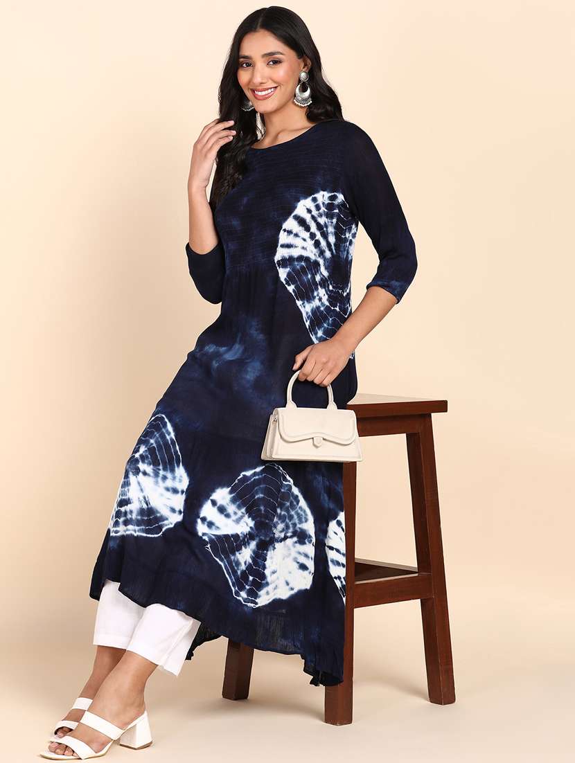 navy blue shibori print a-line kurta - 20381811 -  Standard Image - 3