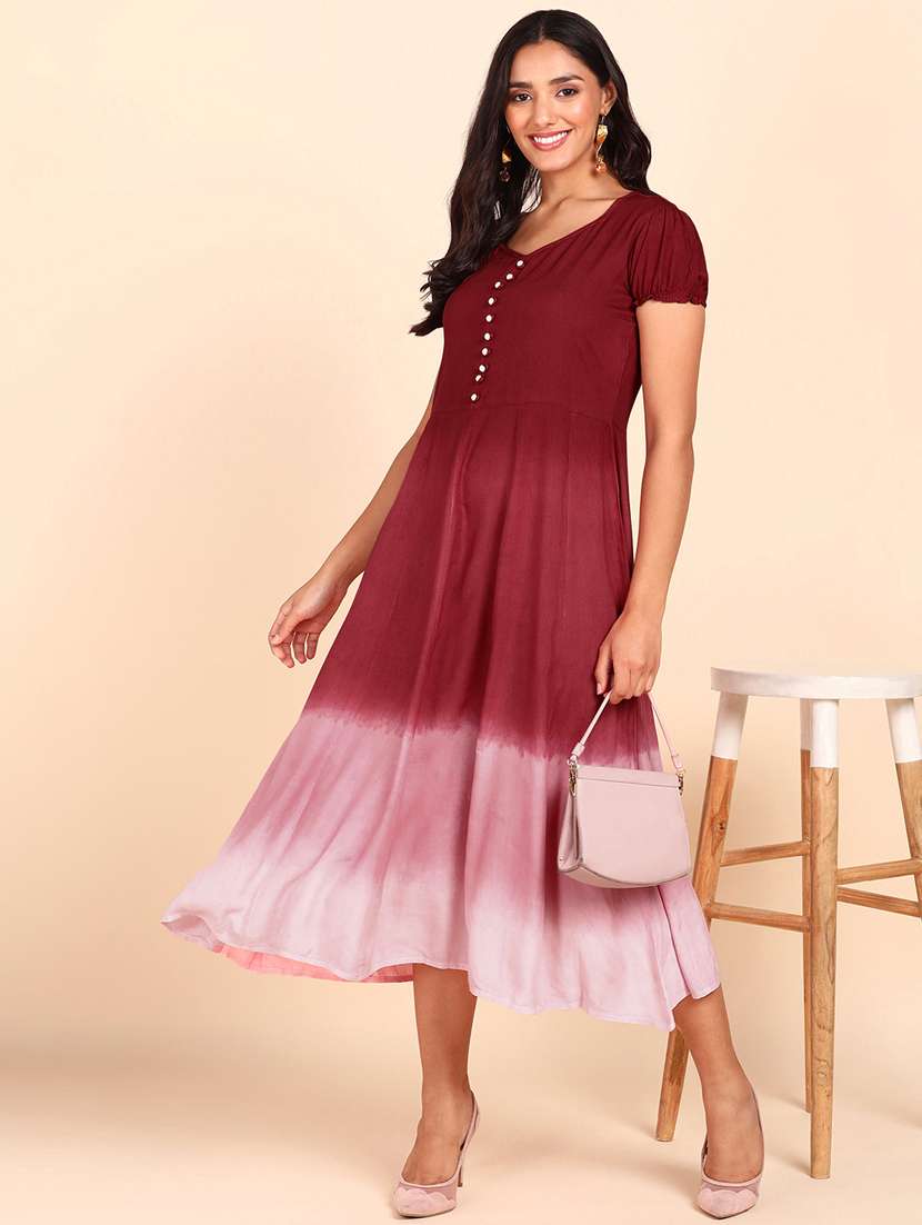 maroon tie & dyed fit & flare dress - 20381813 -  Standard Image - 3