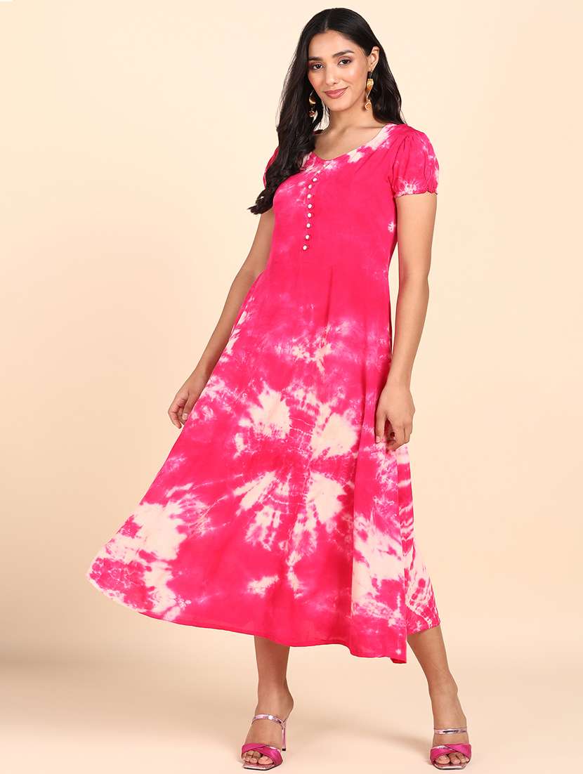 women pink tie n dye rayon fit & flare dress