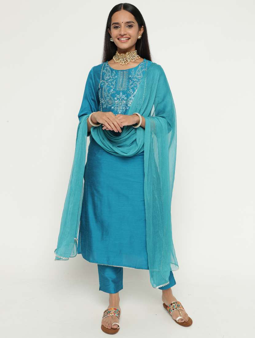 women three quarter sleeve kurta pant with dupatta set