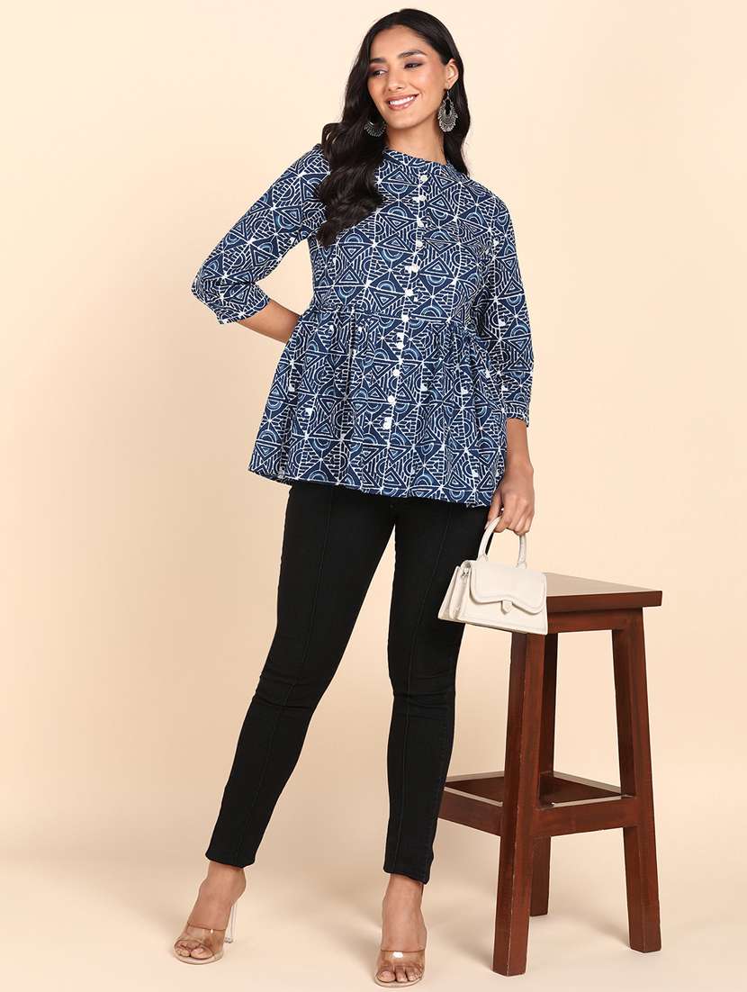 blue dabu print asymmetric shirt - 20381940 -  Standard Image - 3