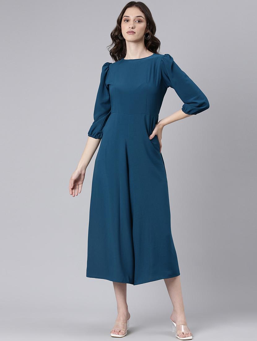 teal cotton 3/4 th jumpsuit - 20382739 - Zoom Image - 0