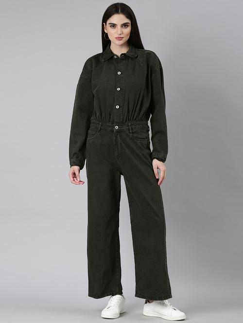 olive denim full leg jumpsuit - 20382742 - Standard Image - 0