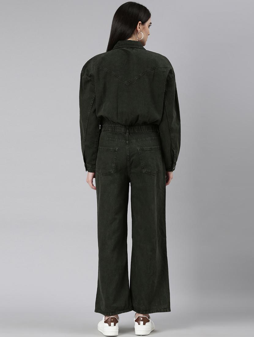 olive denim full leg jumpsuit - 20382742 - Standard Image - 3