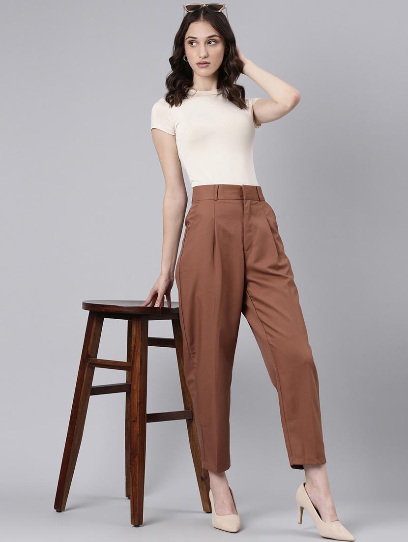 women solid cotton pleated trouser - 20382911 - Standard Image - 3