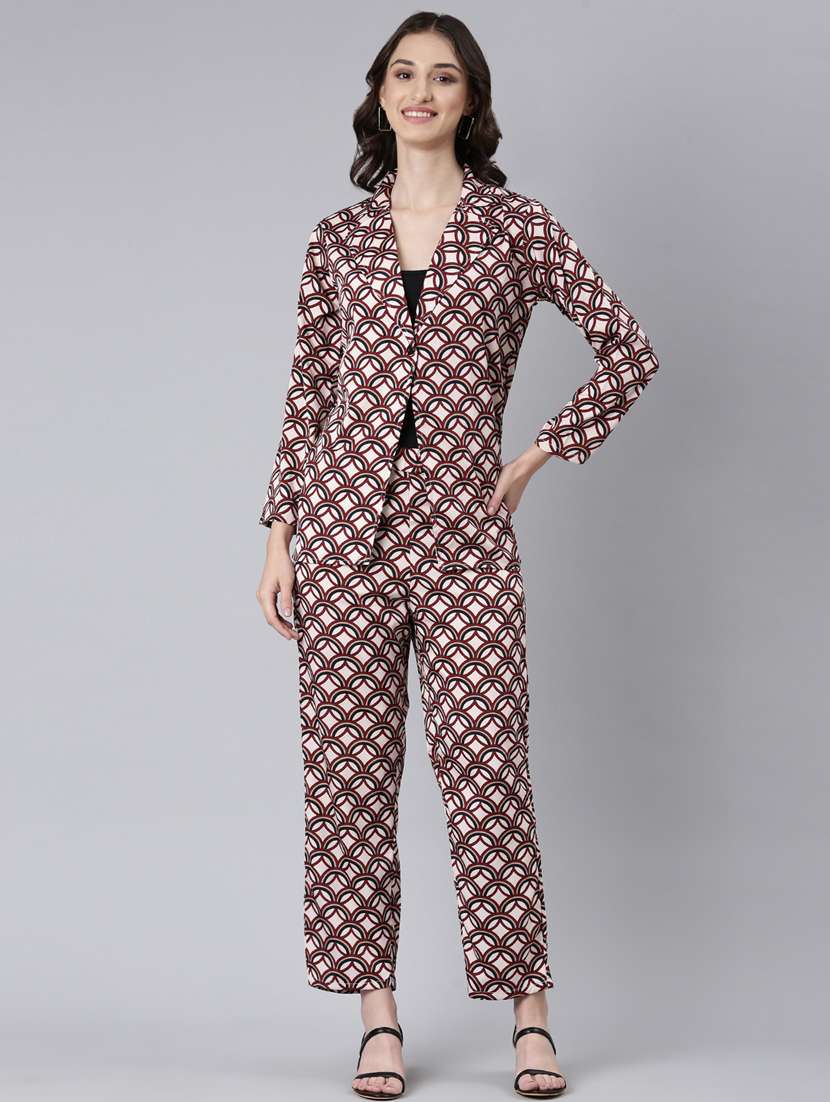 beige printed bottom and coat co-ord set