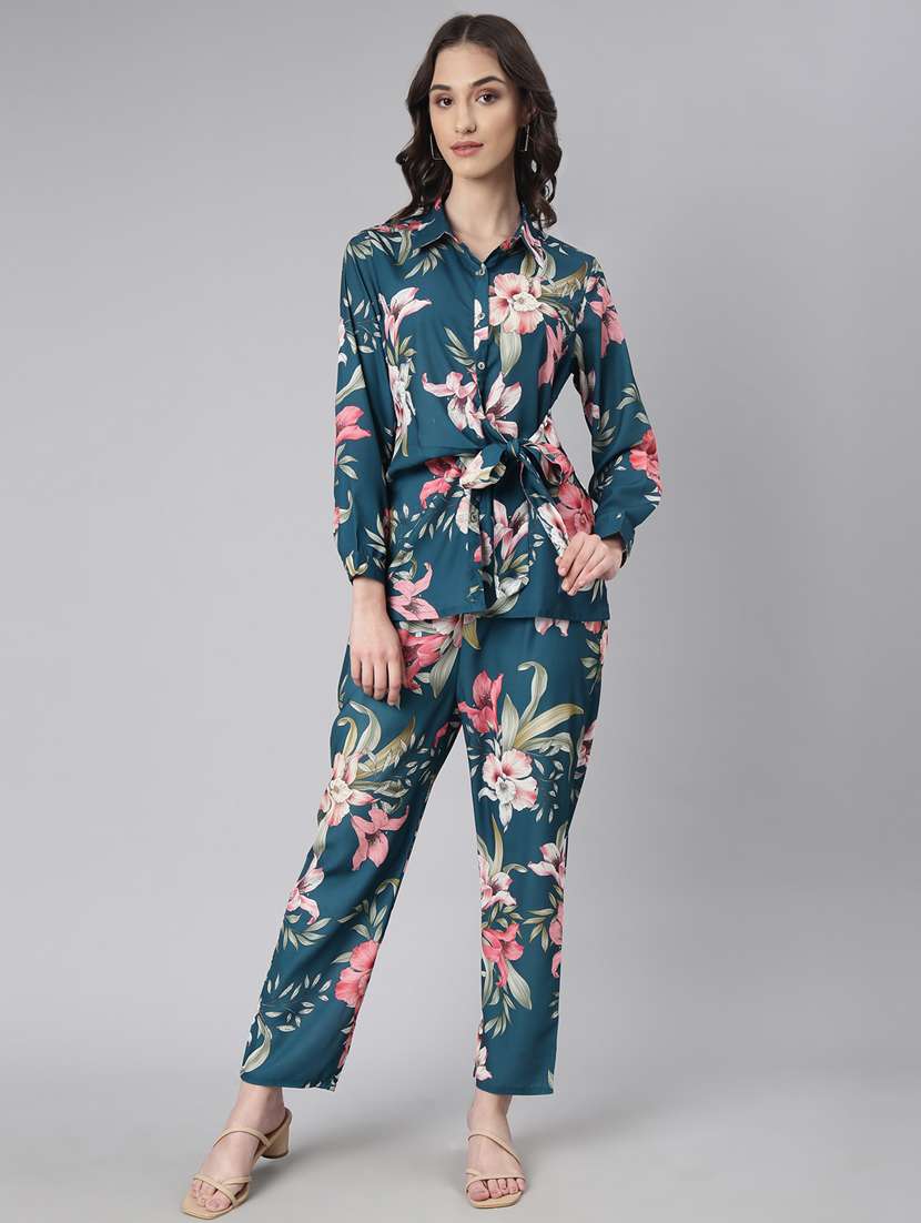 Blue Floral Print Shirt And Trouser Co Ord Set