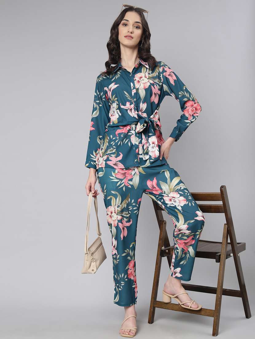 Blue Floral Print Shirt And Trouser Co Ord Set