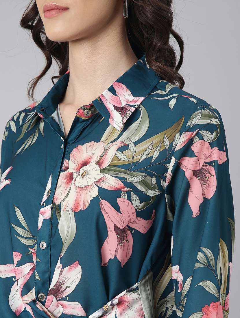 Blue Floral Print Shirt And Trouser Co Ord Set