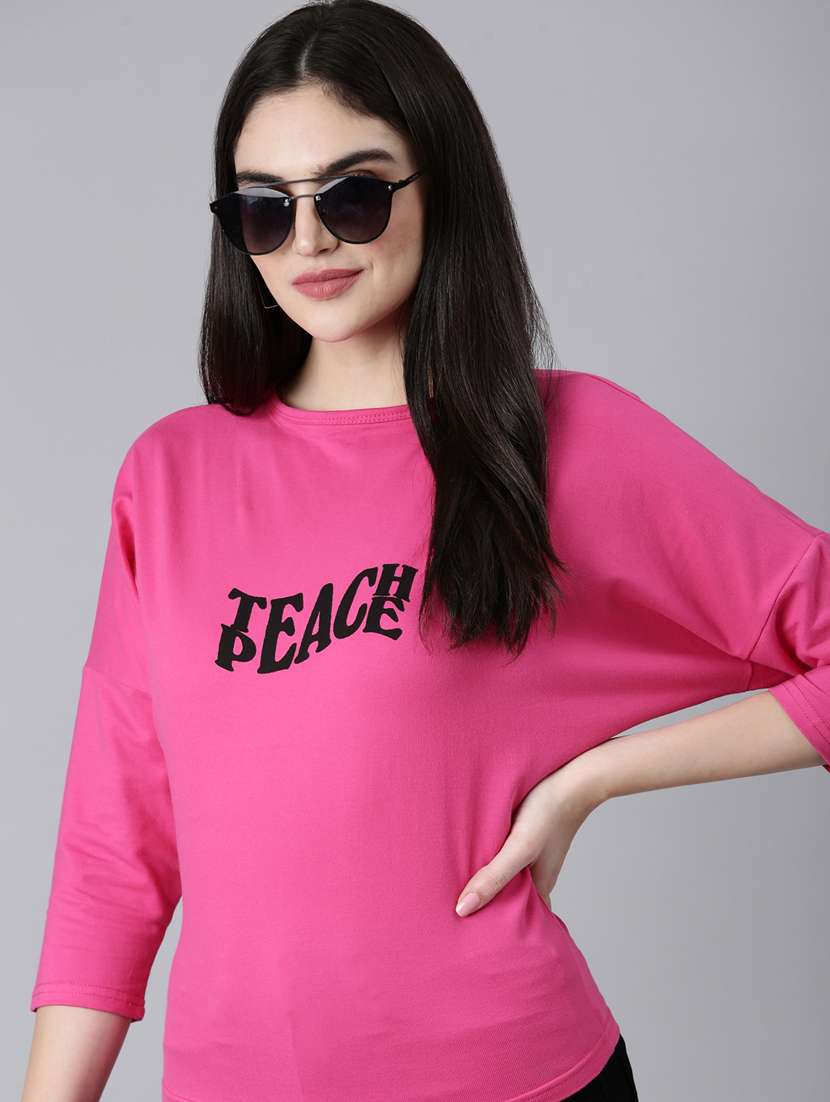 women's chest print round neck t-shirt - 20382985 -  Standard Image - 3