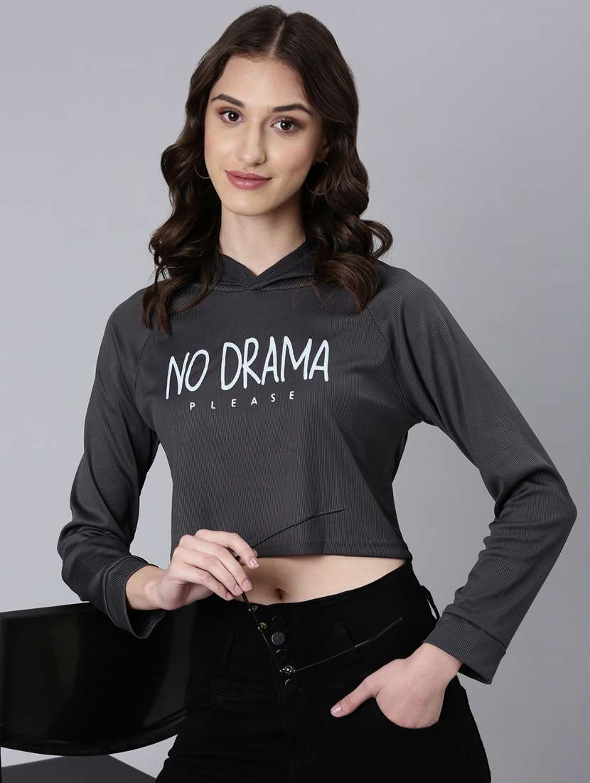 women charcoal typographic print hooded cotton crop t-shirt - 20383014 - Standard Image - 3