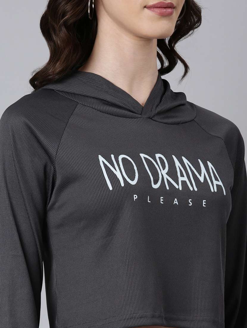 women charcoal typographic print hooded cotton crop t-shirt - 20383014 - Standard Image - 5