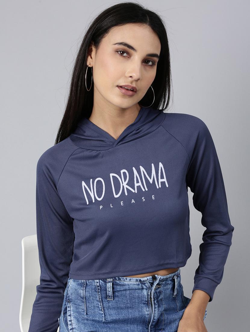 women typography print hooded navy blue cotton crop t-shirt - 20383015 - Standard Image - 3