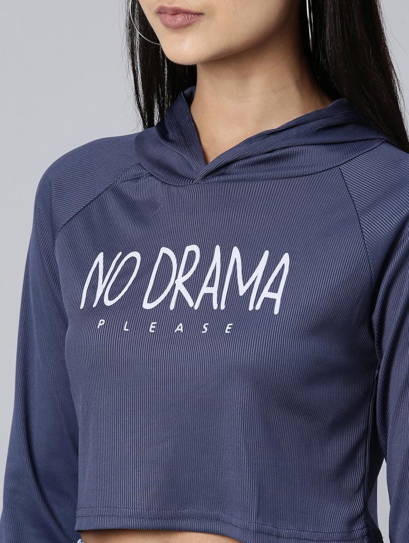 women typography print hooded navy blue cotton crop t-shirt - 20383015 - Standard Image - 5