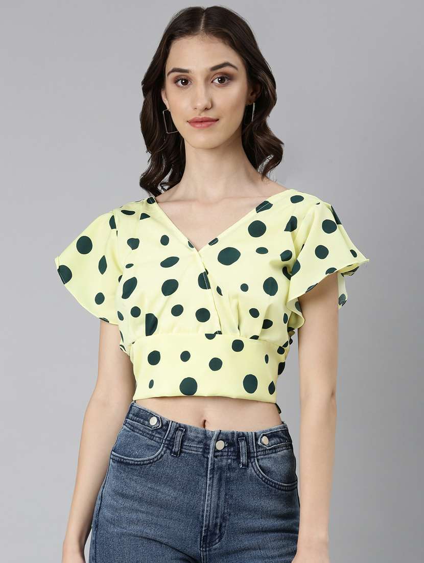 green polka dots blouson top