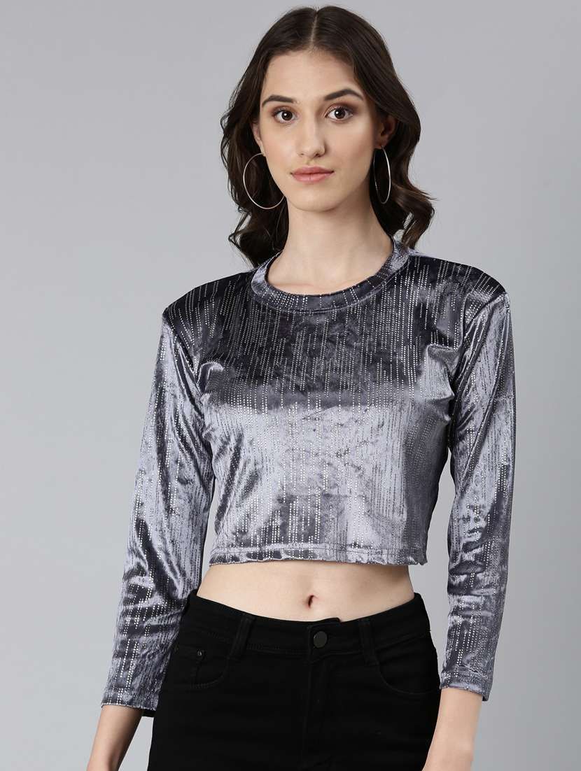 grey solid crop top - 20383047 -  Zoom Image - 0