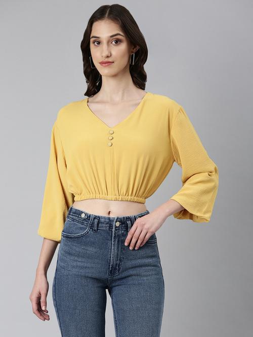 yellow solid v neck crop top - 20383049 -  Standard Image - 0
