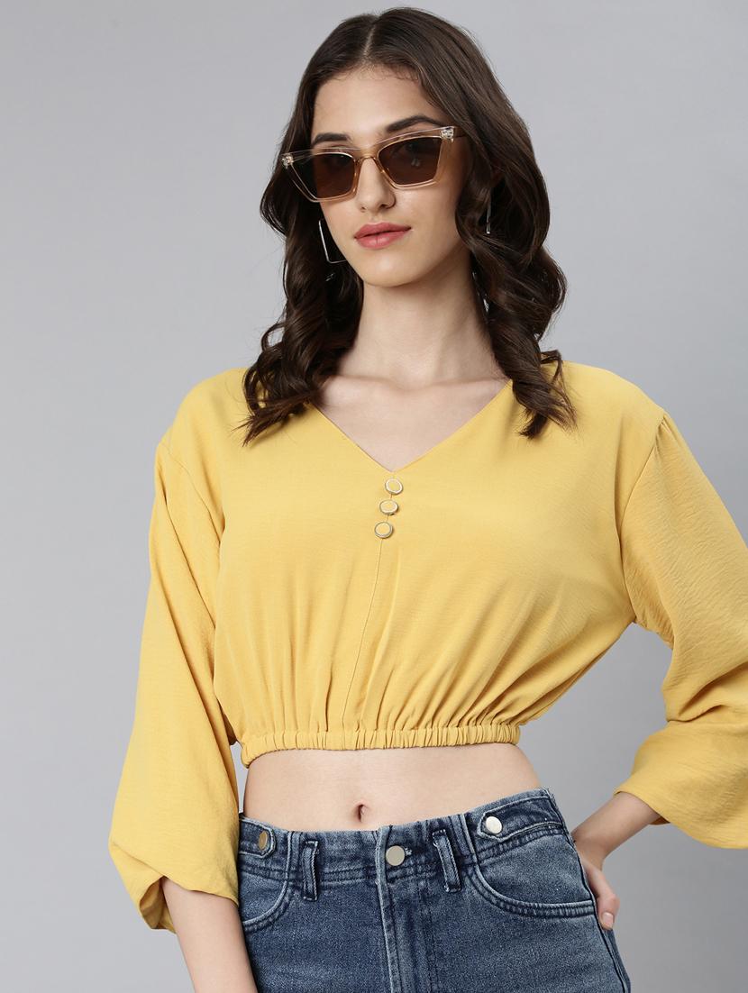 yellow solid v neck crop top - 20383049 - Standard Image - 3