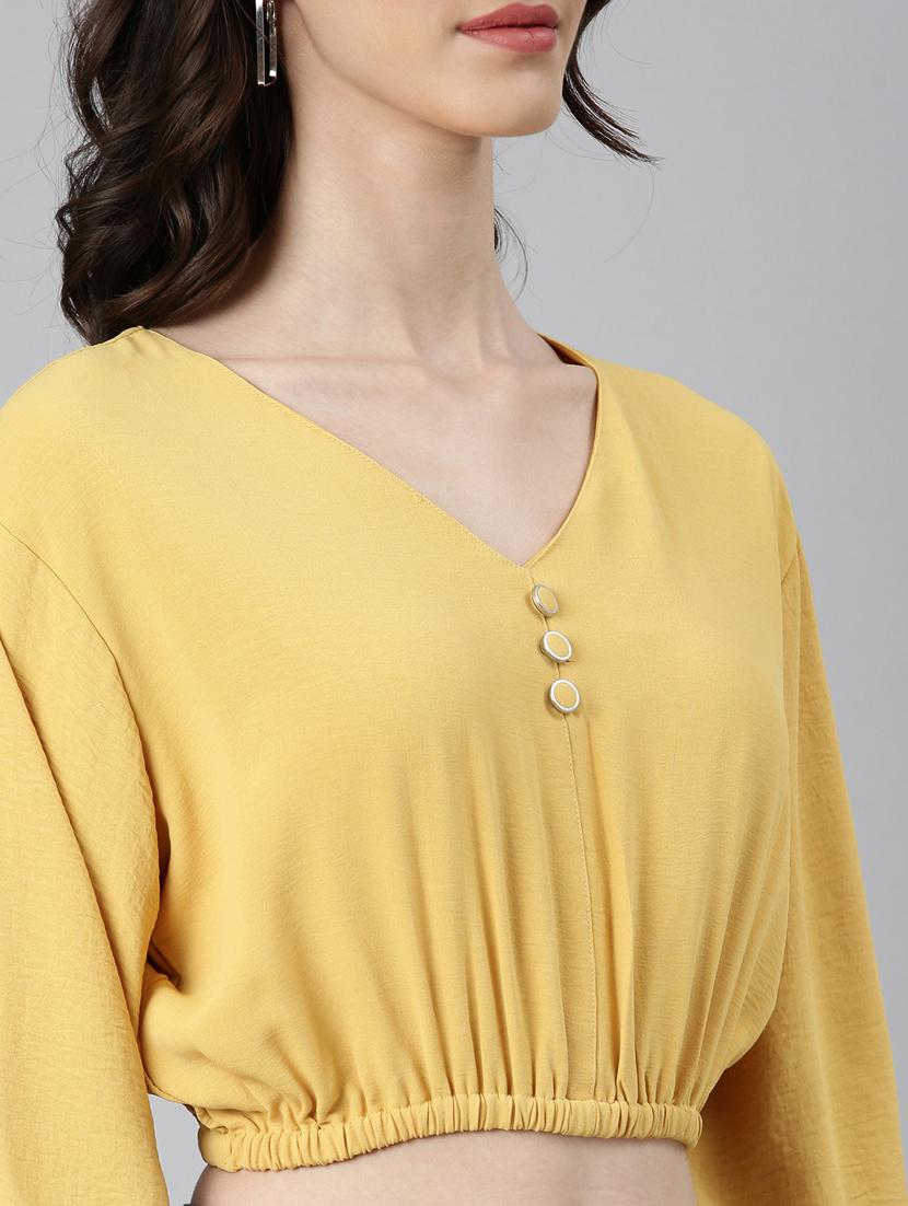 yellow solid v neck crop top - 20383049 - Standard Image - 5