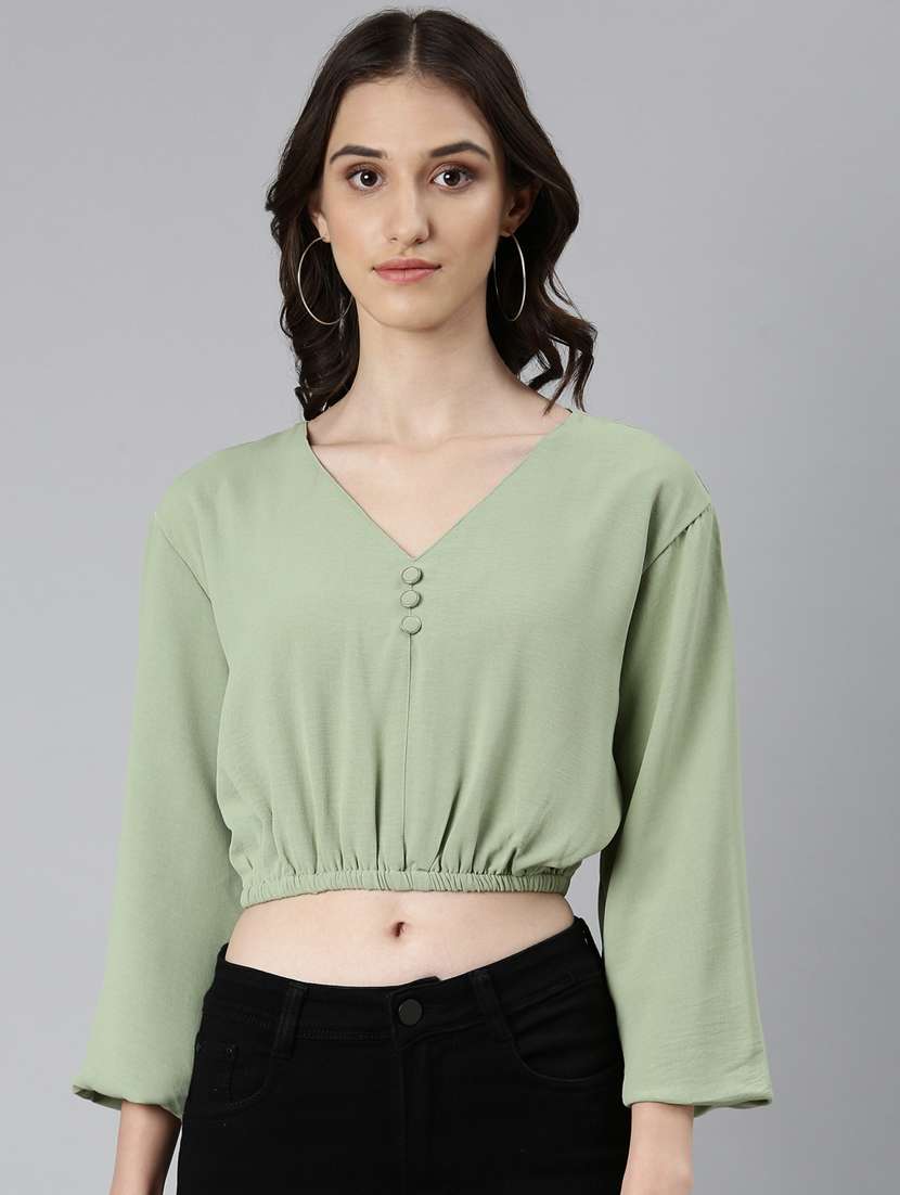 green solid blouson top