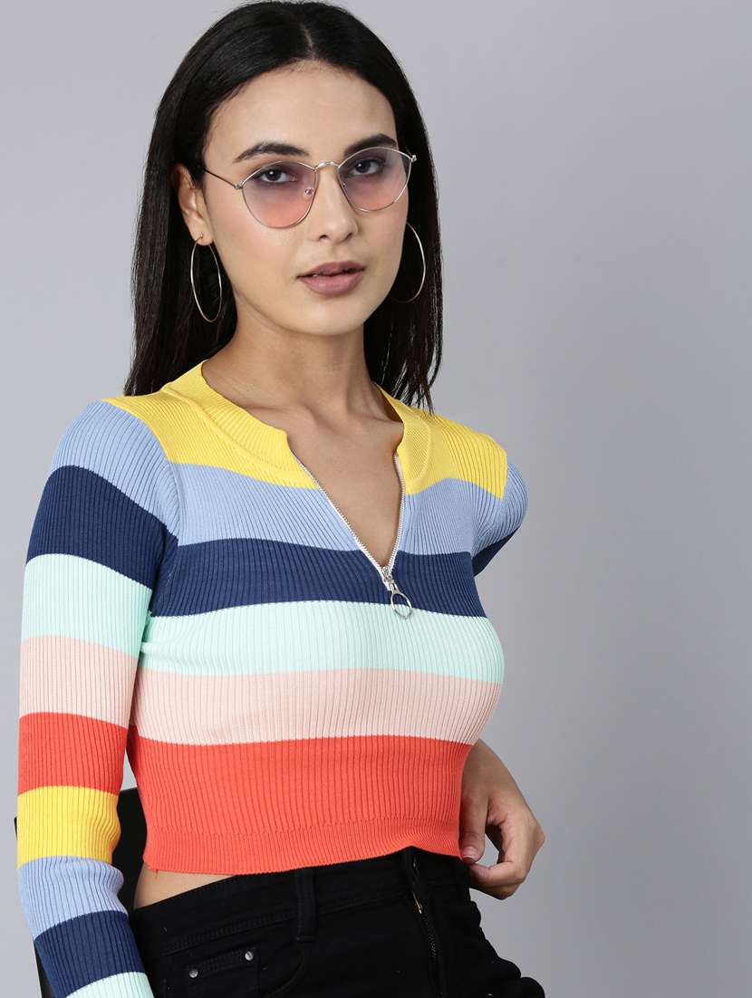 women round neck striped crop top - 20383089 -  Standard Image - 3