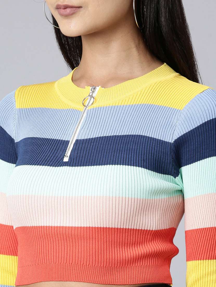 women round neck striped crop top - 20383089 -  Standard Image - 5