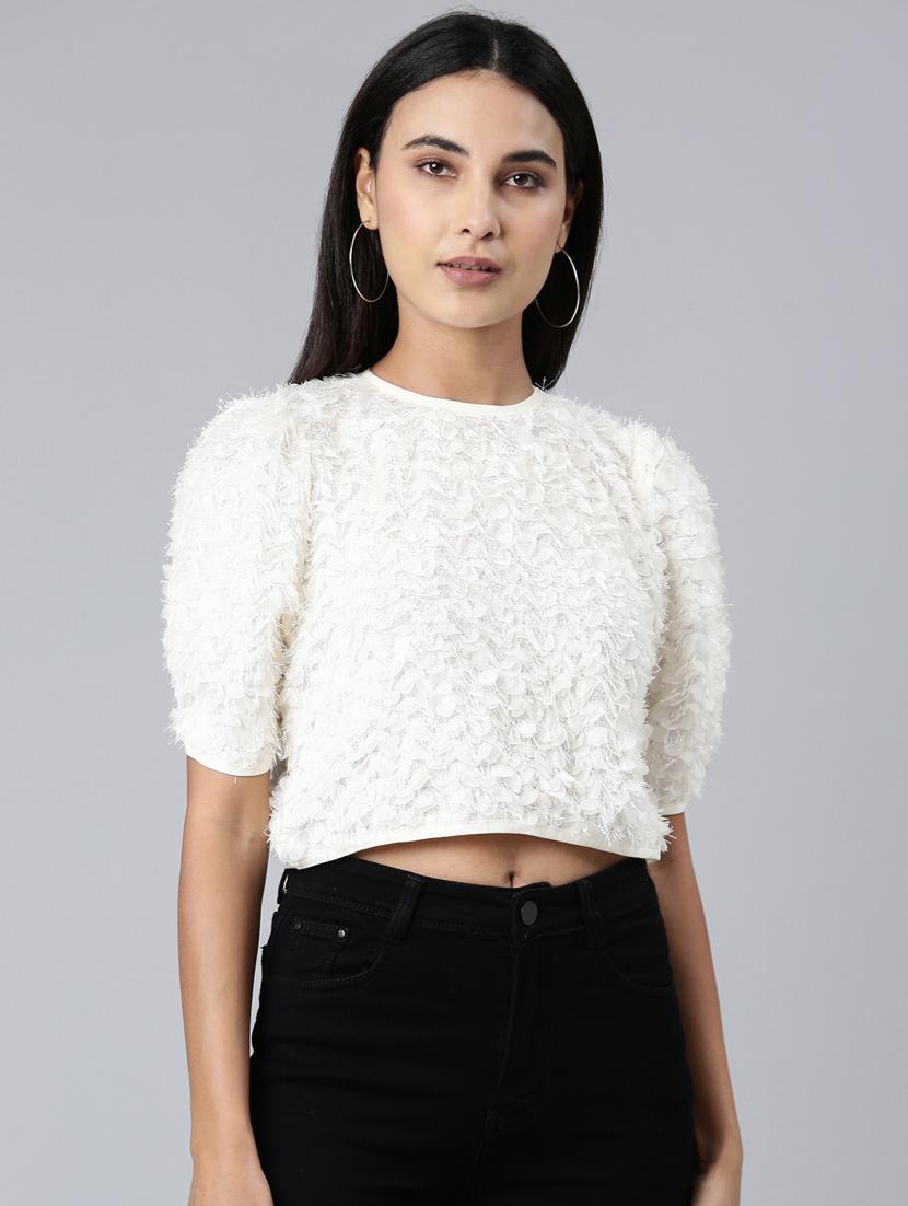 women white crew neck crop top - 20383111 - Zoom Image - 0