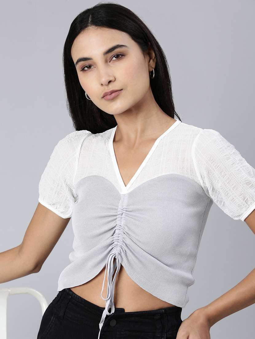 grey color block crop top - 20383128 -  Standard Image - 3