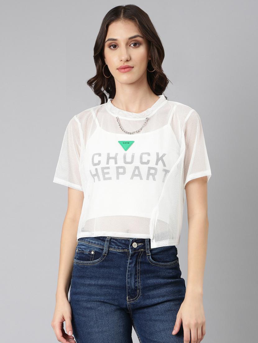 white typographic crop top with slip - 20383133 - Zoom Image - 0