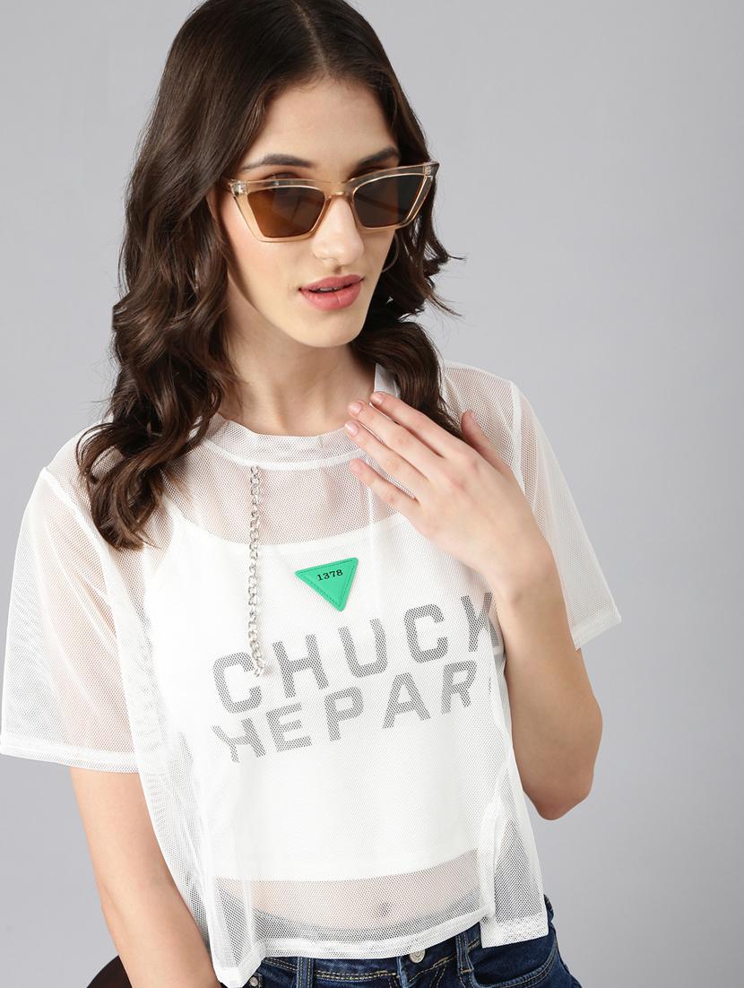 white typographic crop top with slip - 20383133 - Standard Image - 3