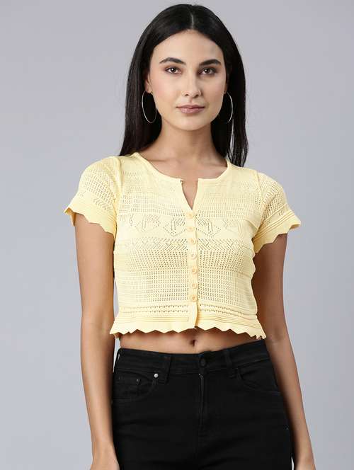 yellow self design crop top - 20383137 - Standard Image - 0